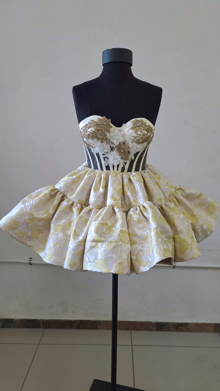 Jane.M ivory and gold custom dress with structured corset detail